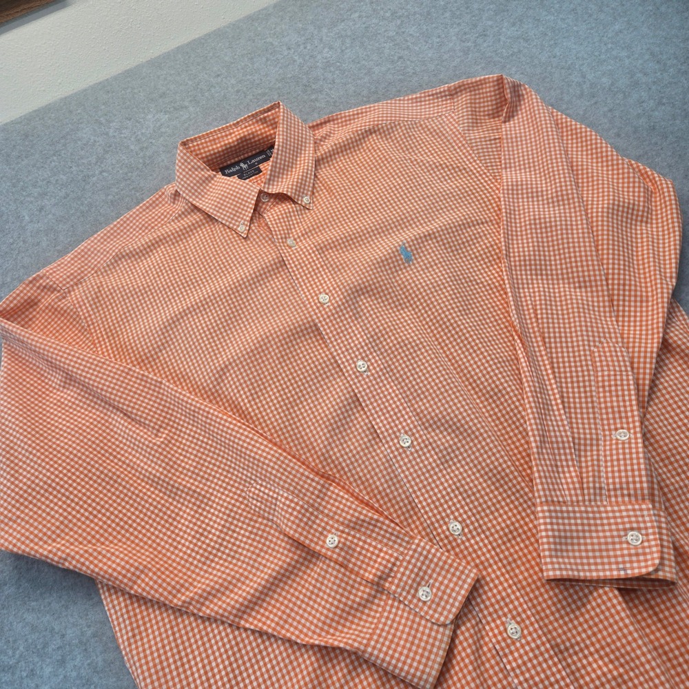 Ralph Lauren Blake Mens M Orange Gingham Cotton Button Down Shirt Long Sleeve
